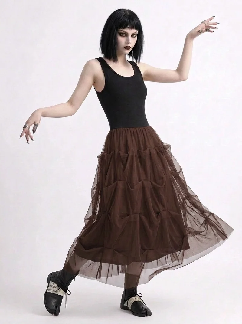 Chocolate Brown Ruched Tulle Maxi Skirt