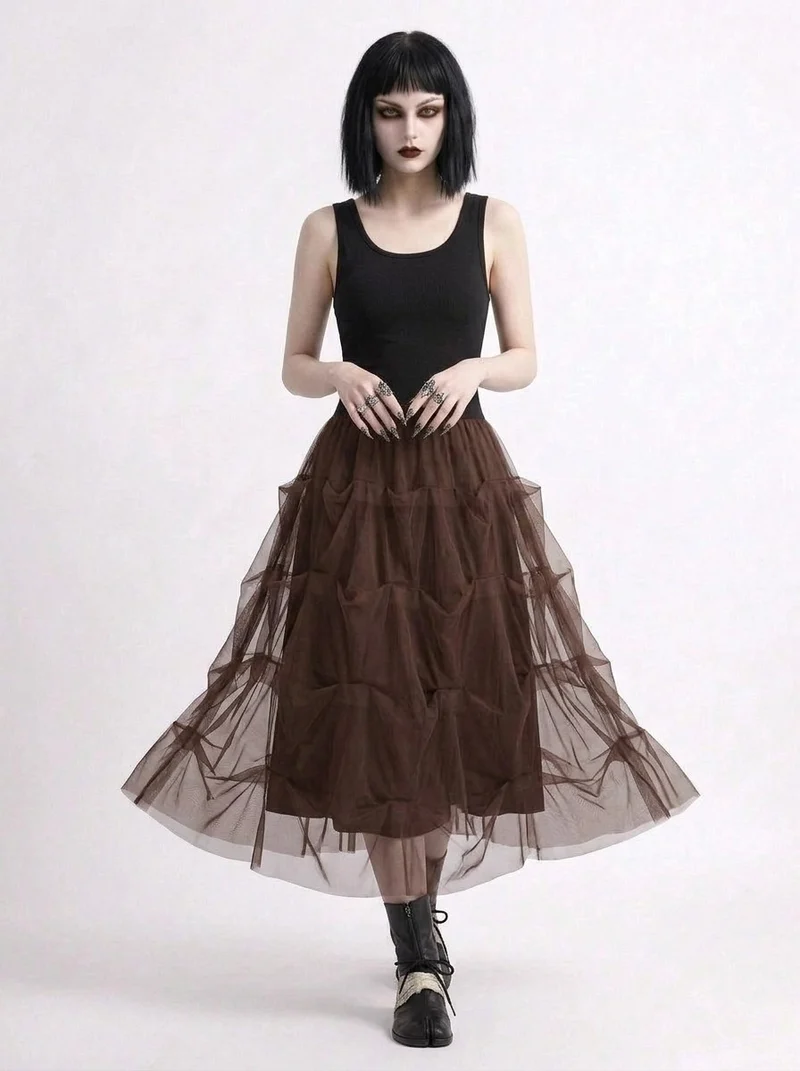 Chocolate Brown Ruched Tulle Maxi Skirt