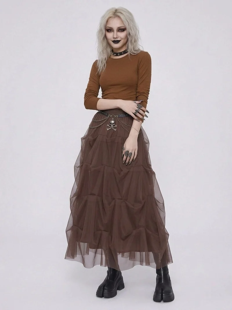 Chocolate Brown Ruched Tulle Maxi Skirt