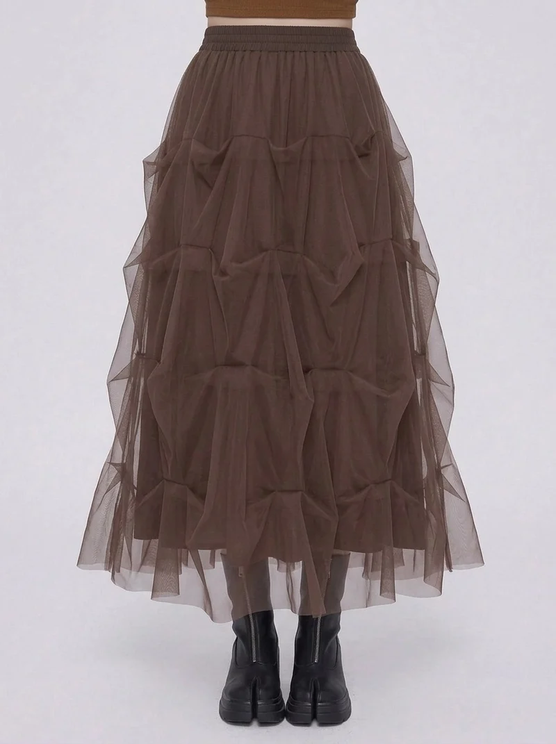Chocolate Brown Ruched Tulle Maxi Skirt