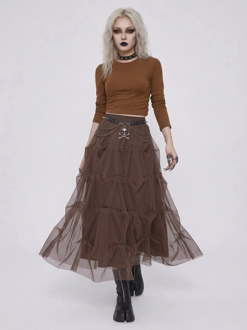 Chocolate Brown Ruched Tulle Maxi Skirt