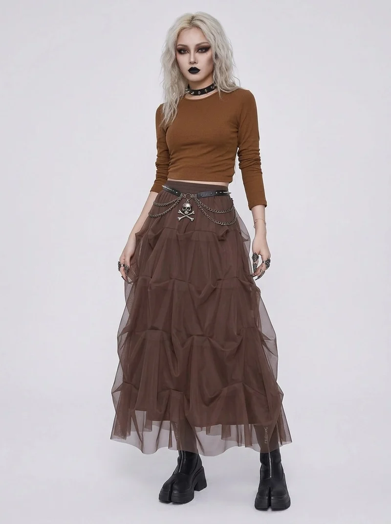 Chocolate Brown Ruched Tulle Maxi Skirt