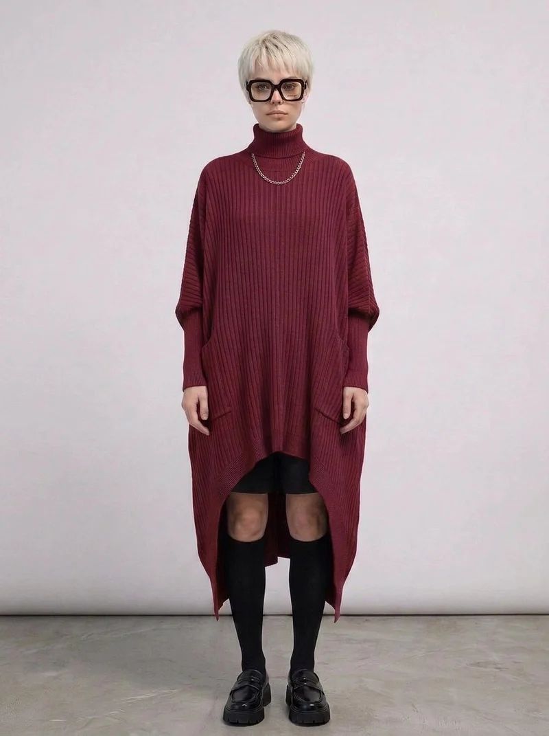 Burgundy Sculptural Ribbed Turtleneck Pullover