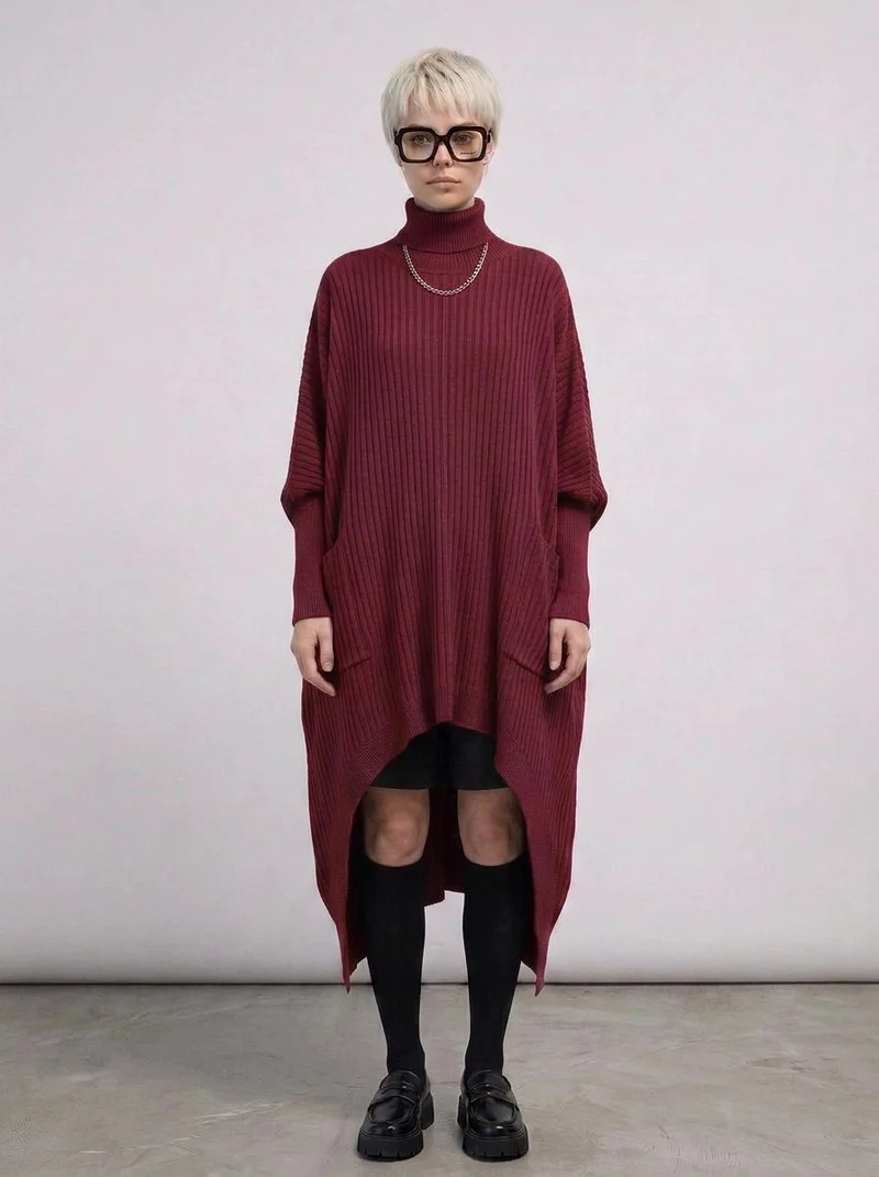 Burgundy Sculptural Ribbed Turtleneck Pullover