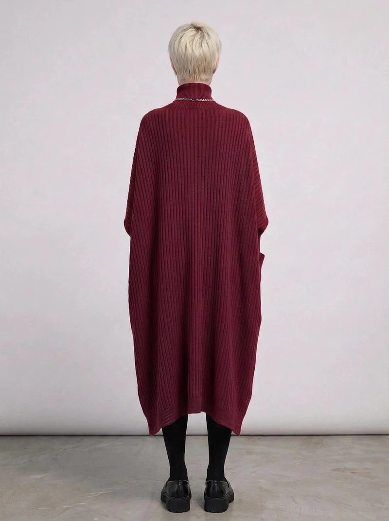Burgundy Sculptural Ribbed Turtleneck Pullover
