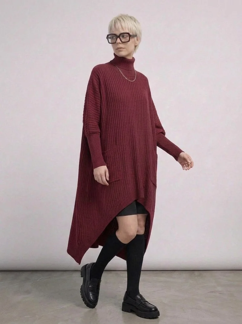 Burgundy Sculptural Ribbed Turtleneck Pullover