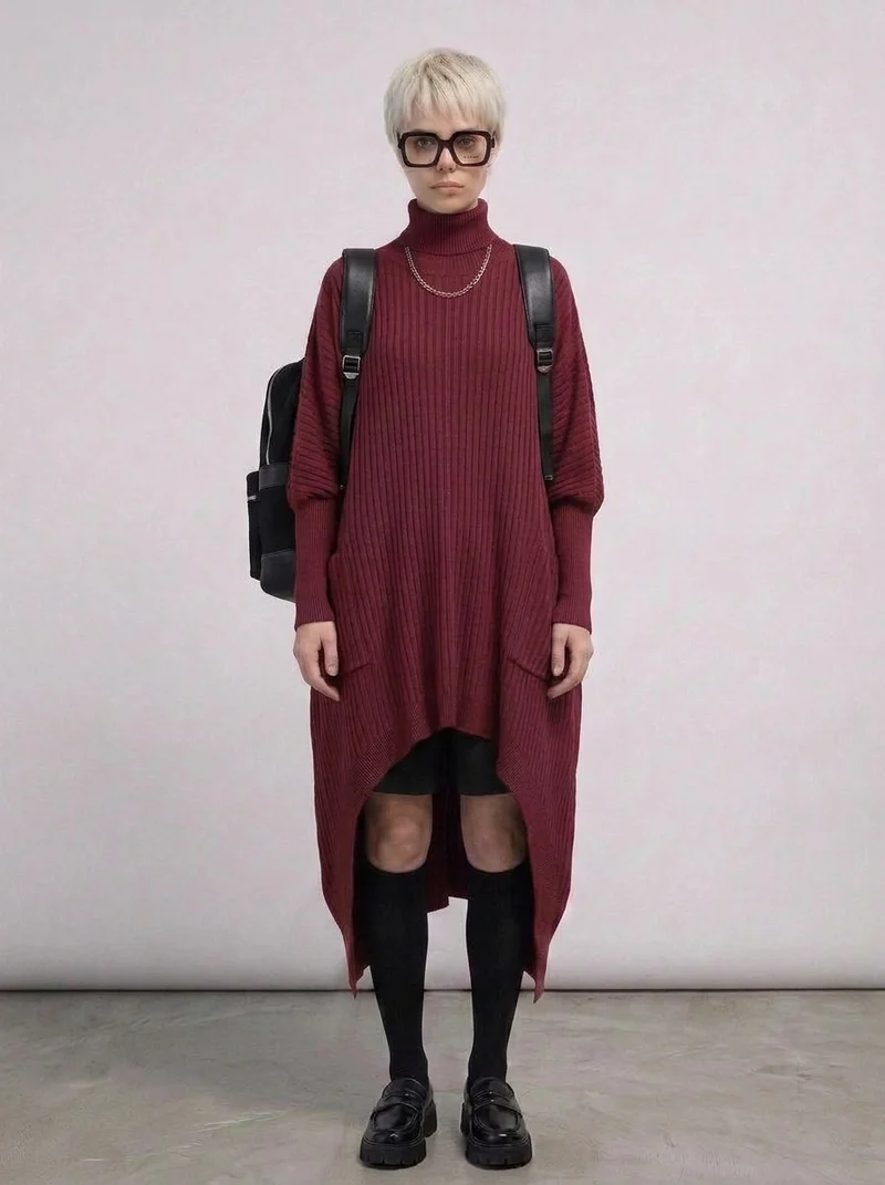 Burgundy Sculptural Ribbed Turtleneck Pullover
