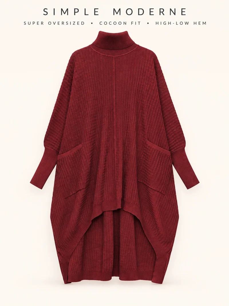 Burgundy Sculptural Ribbed Turtleneck Pullover