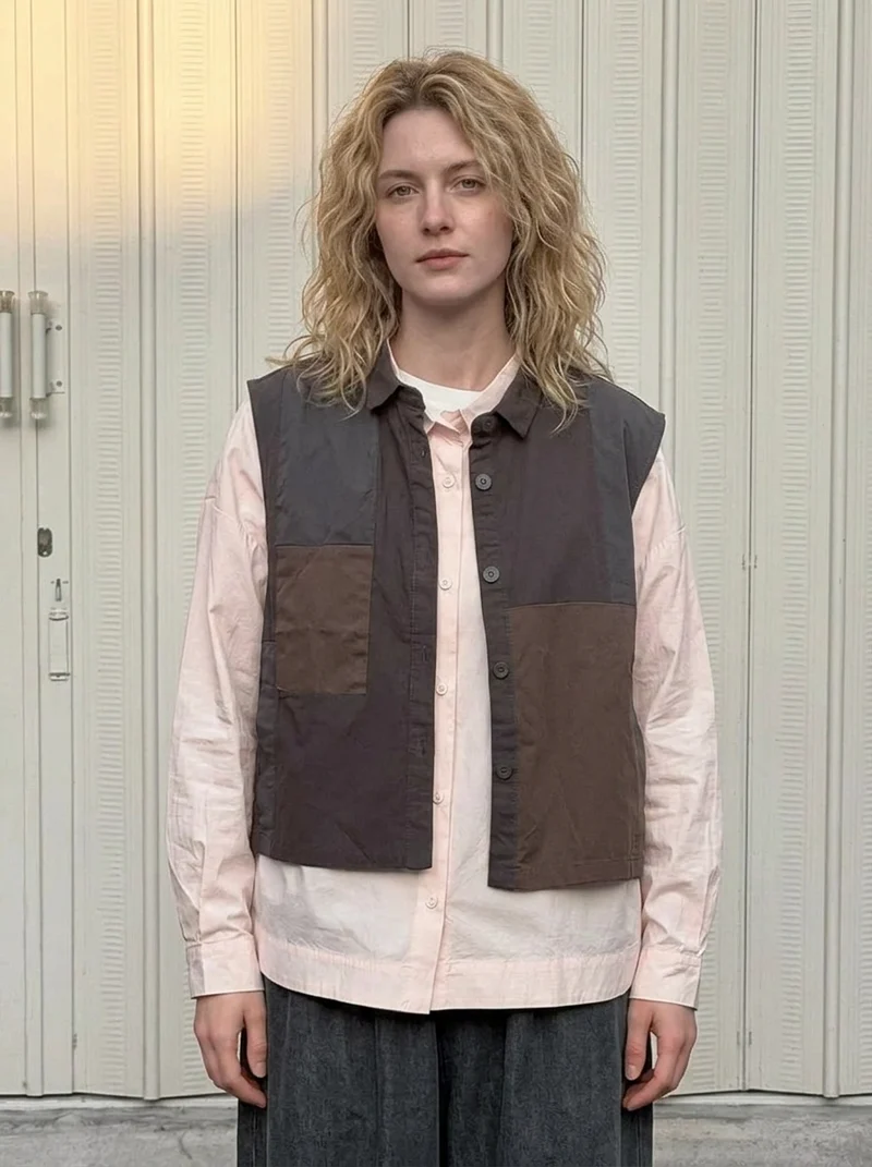 Patchwork Sleeveless Vest – Washed Charcoal / Dusty Plum