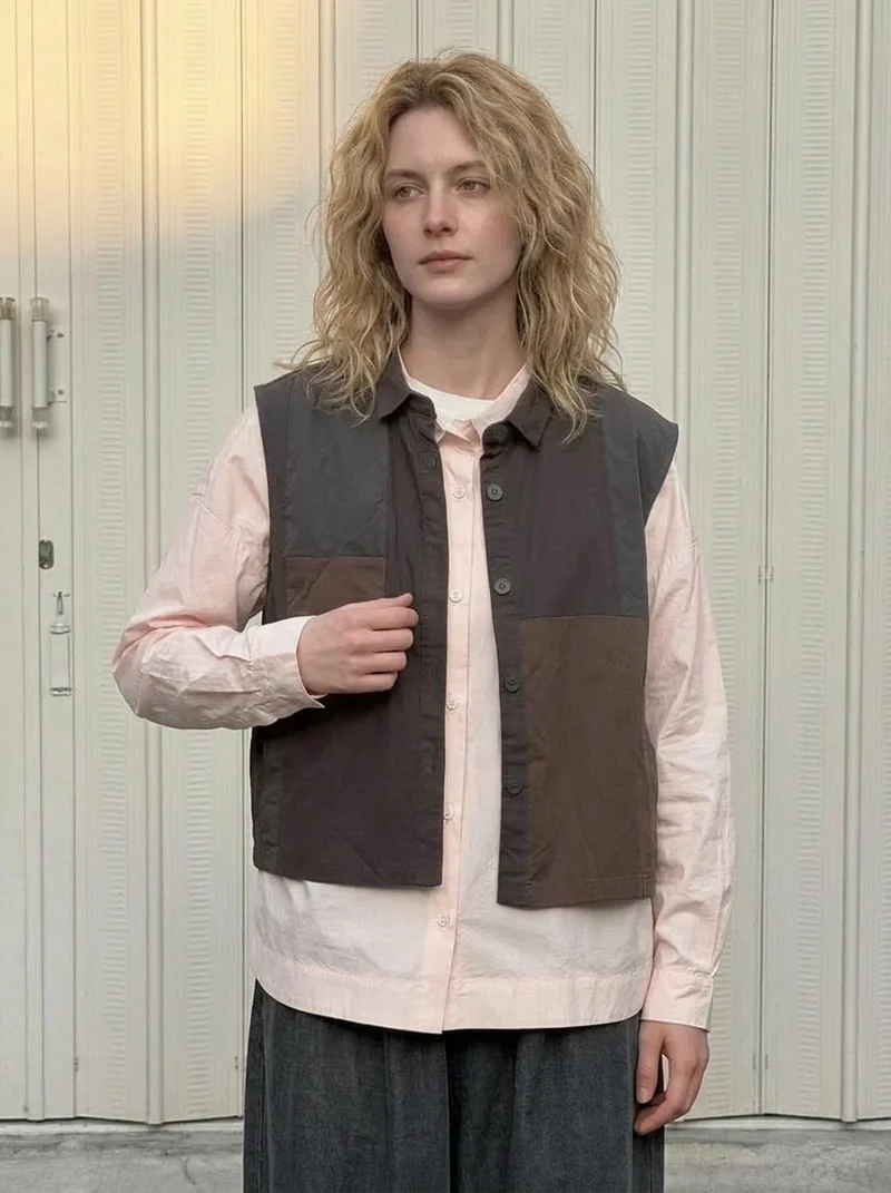 Patchwork Sleeveless Vest – Washed Charcoal / Dusty Plum