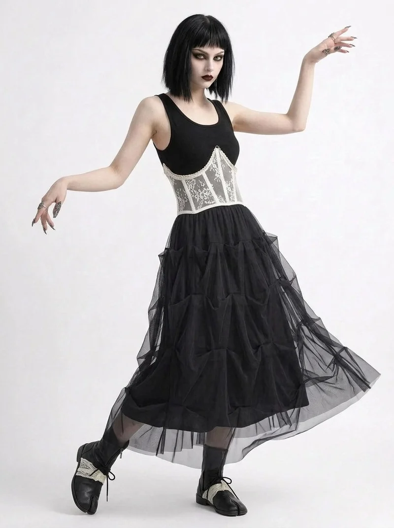Black Gothic Ruched Tulle Maxi Skirt