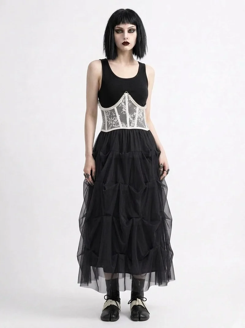 Black Gothic Ruched Tulle Maxi Skirt