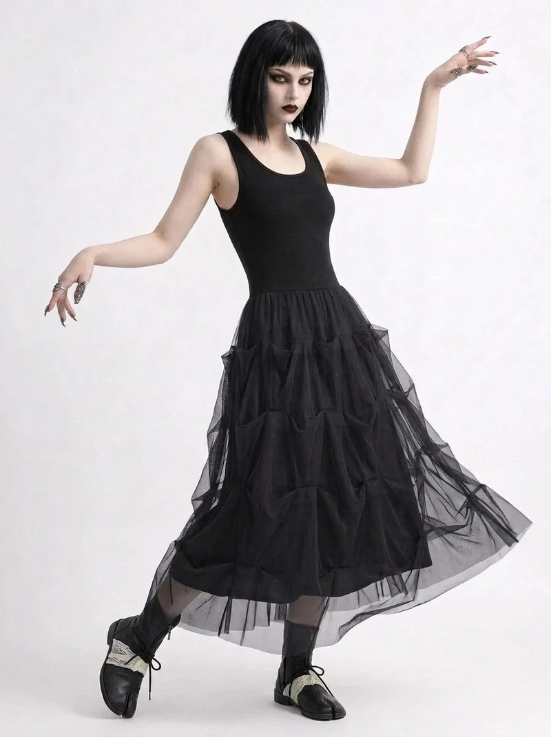 Black Gothic Ruched Tulle Maxi Skirt
