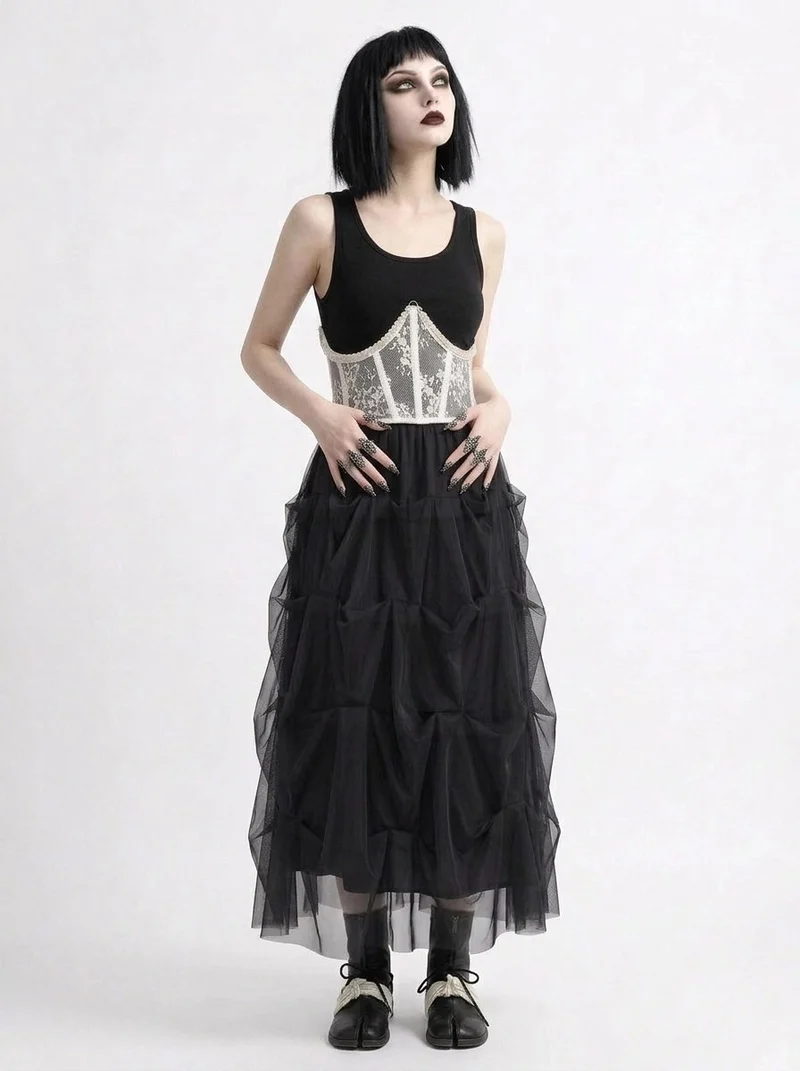Black Gothic Ruched Tulle Maxi Skirt