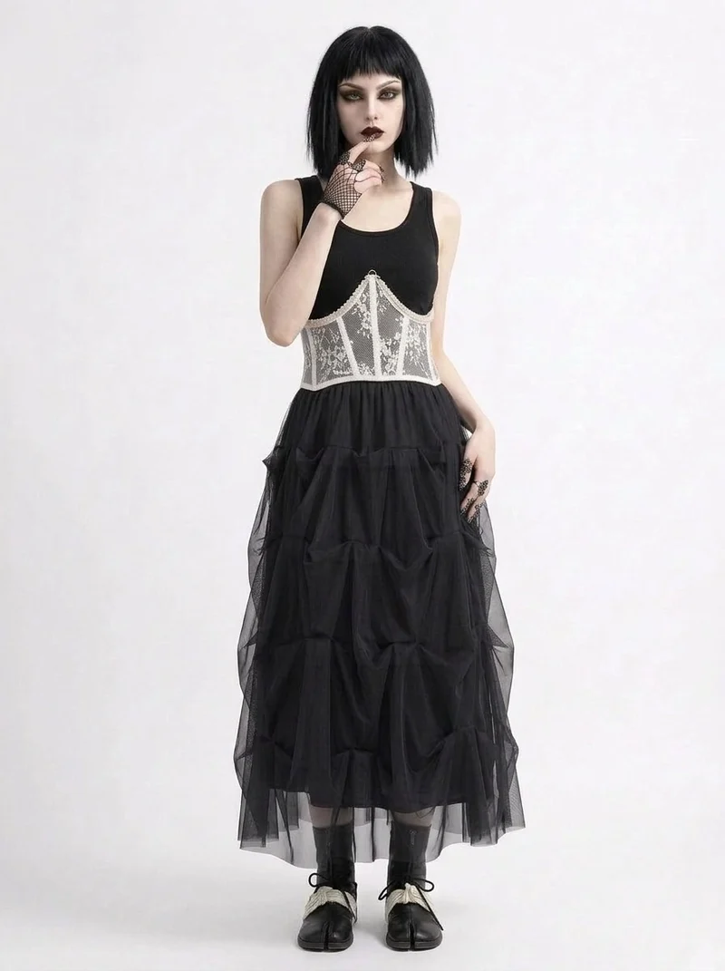 Black Gothic Ruched Tulle Maxi Skirt