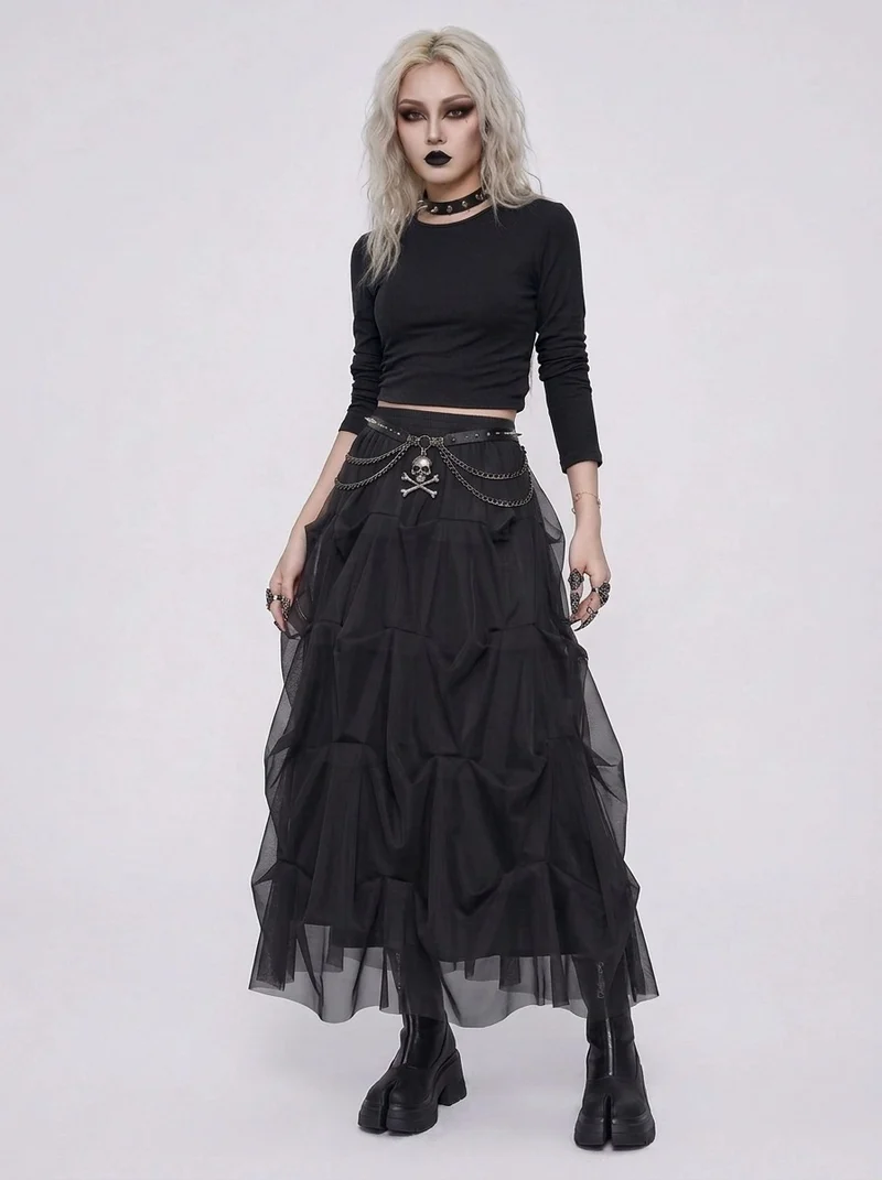 Black Gothic Ruched Tulle Maxi Skirt