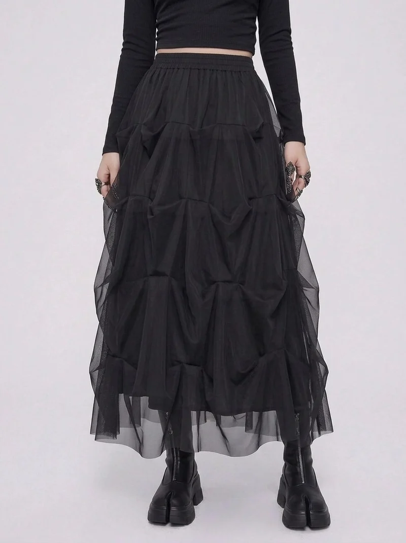 Black Gothic Ruched Tulle Maxi Skirt