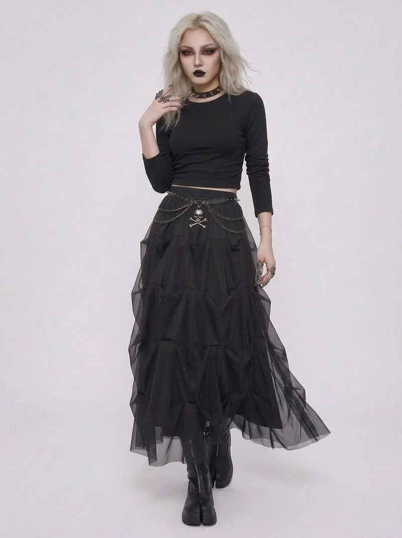 Black Gothic Ruched Tulle Maxi Skirt