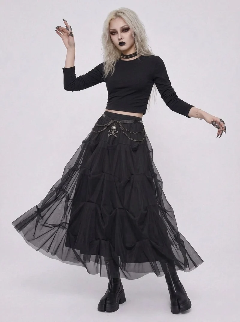 Black Gothic Ruched Tulle Maxi Skirt