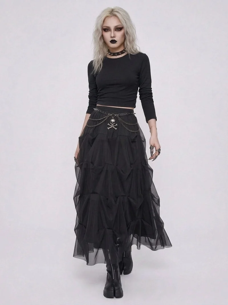 Black Gothic Ruched Tulle Maxi Skirt