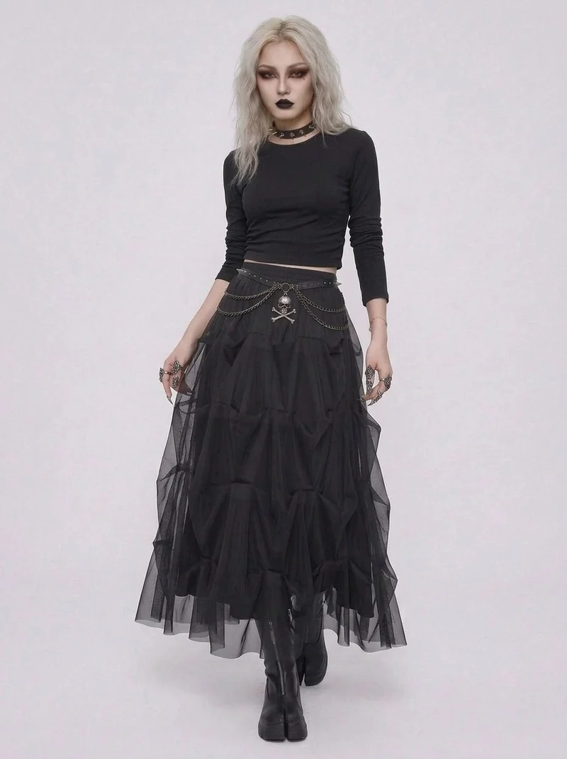 Black Gothic Ruched Tulle Maxi Skirt