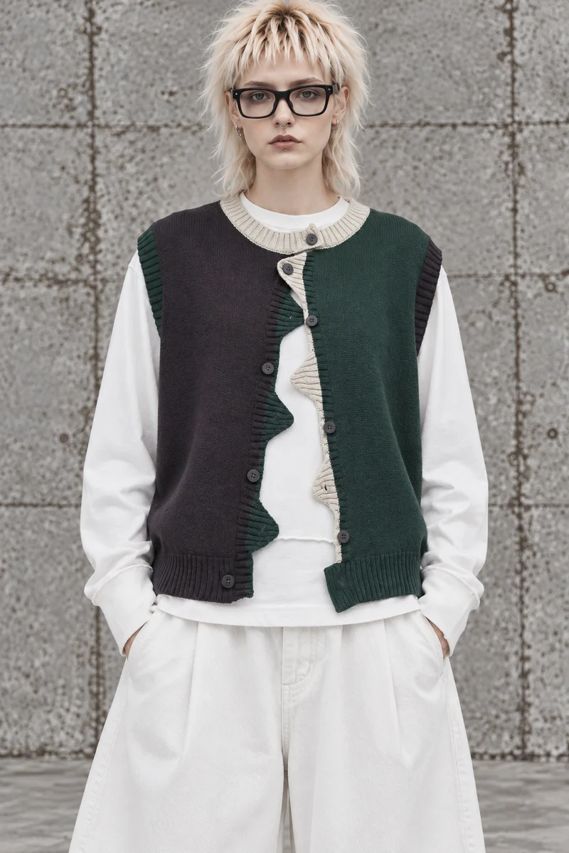 Asymmetric Two-Tone Knitted Vest