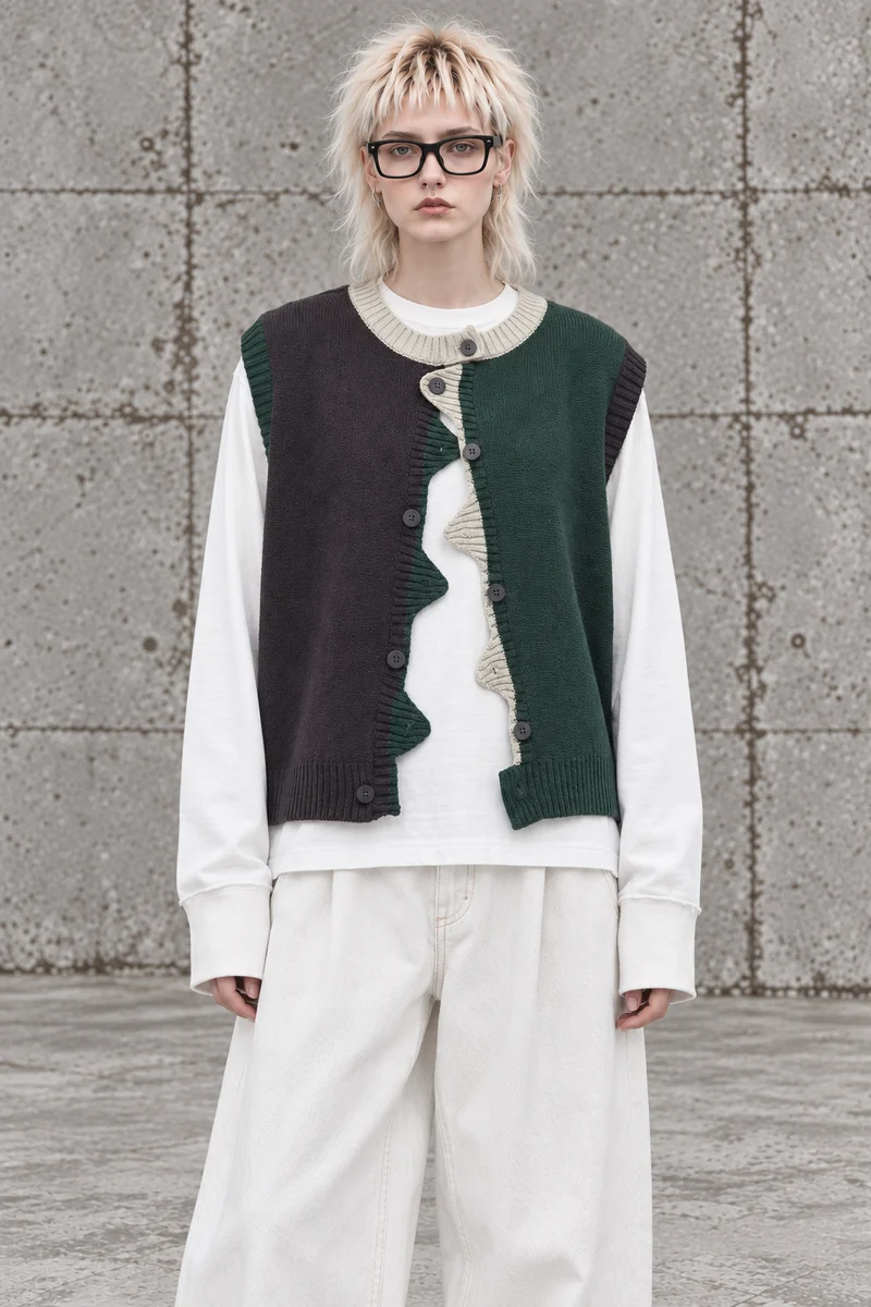 Asymmetric Two-Tone Knitted Vest