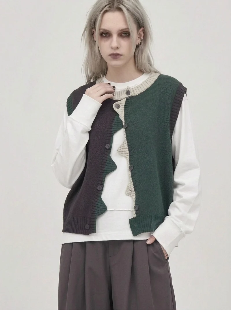 Asymmetric Two-Tone Knitted Vest