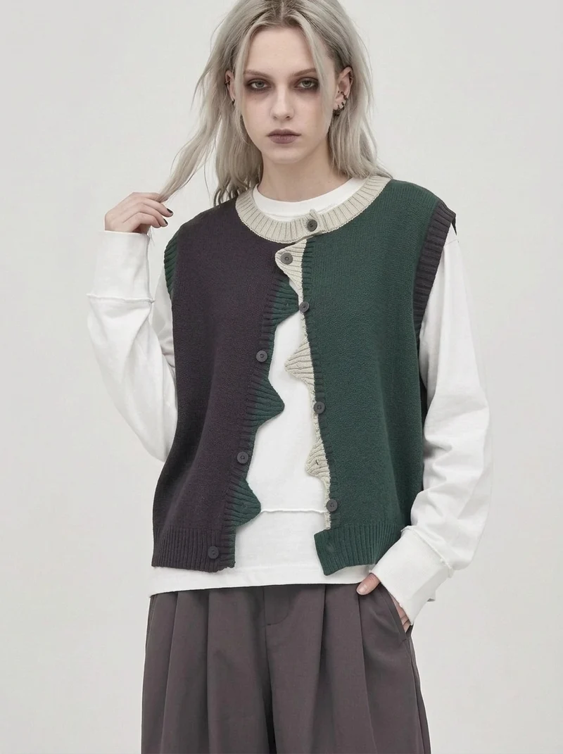 Asymmetric Two-Tone Knitted Vest