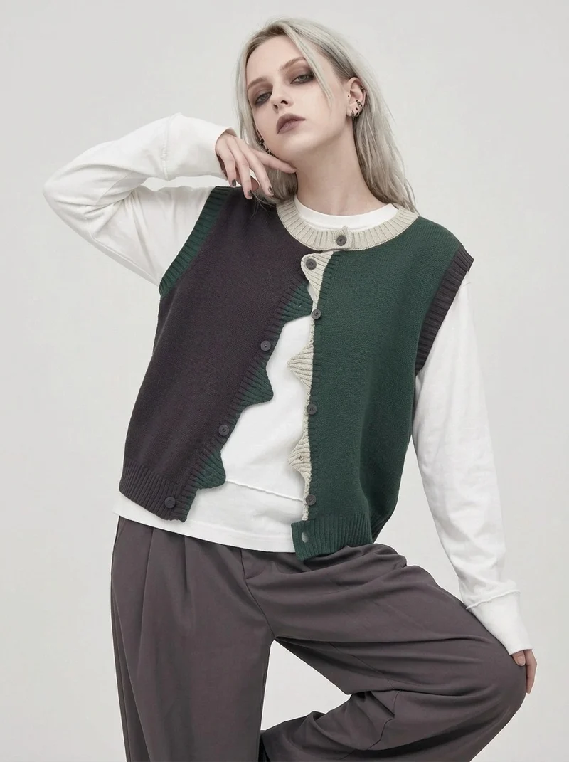 Asymmetric Two-Tone Knitted Vest