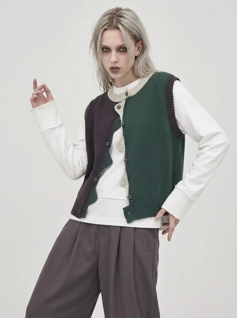 Asymmetric Two-Tone Knitted Vest