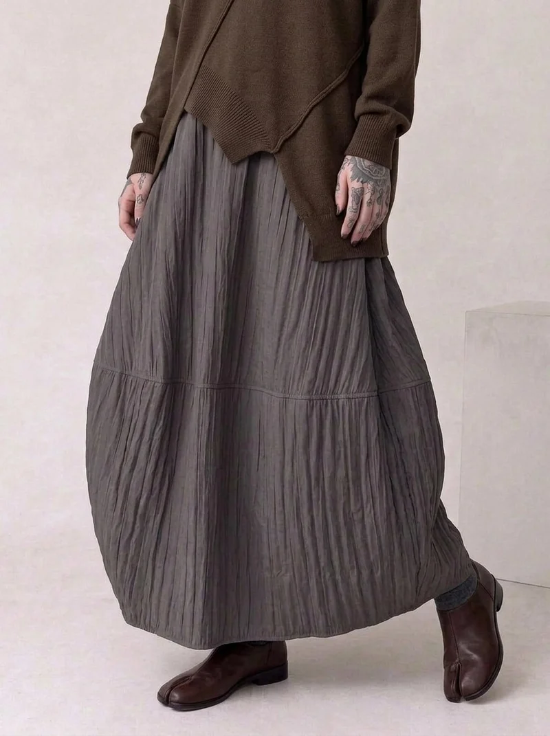 Washed Cocoa Crinkle Maxi Skirt