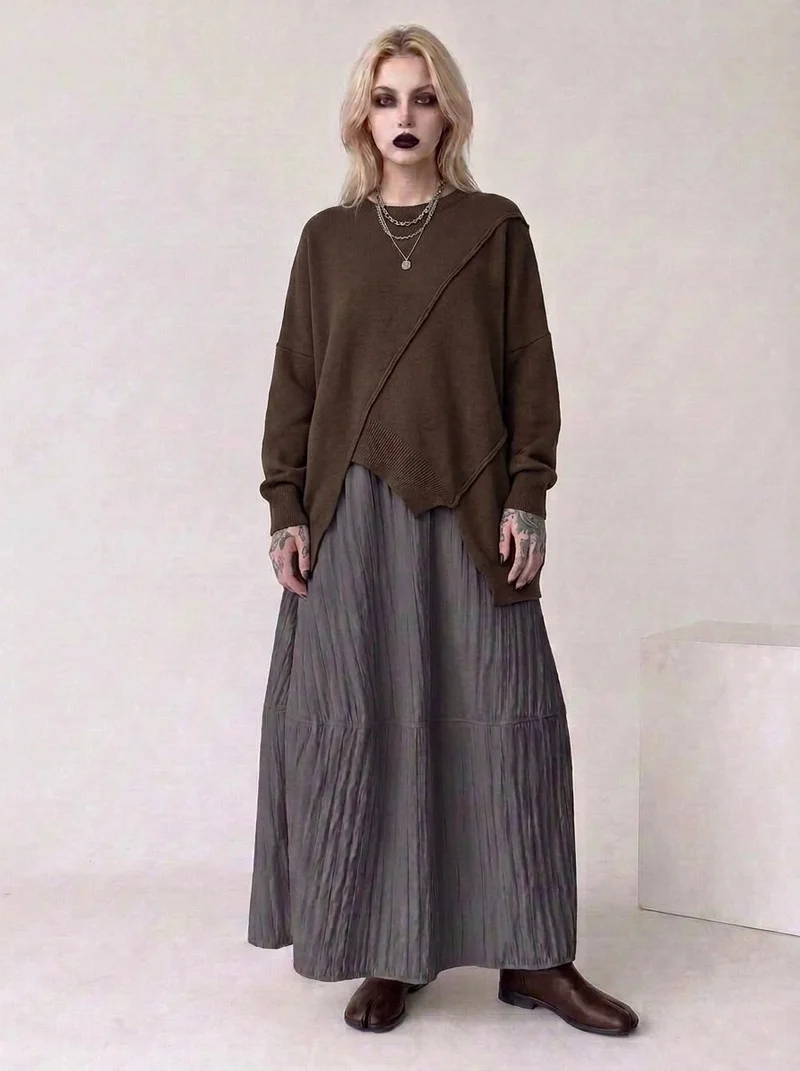 Washed Cocoa Crinkle Maxi Skirt
