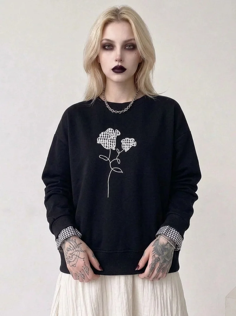Black Gingham Rose Pullover | Relaxed Alternative Sweatshirt