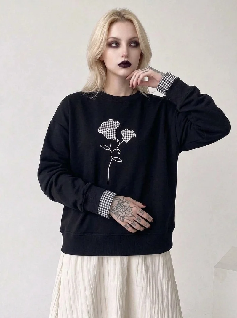 Black Gingham Rose Pullover | Relaxed Alternative Sweatshirt