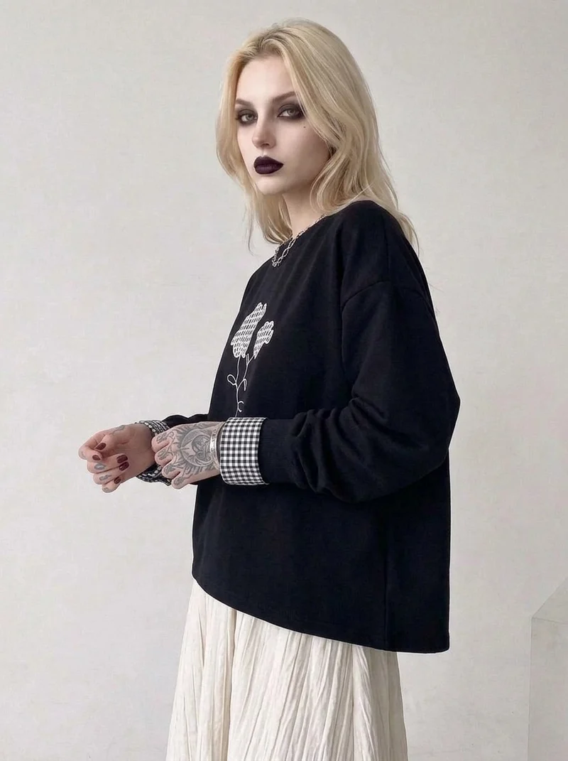 Black Gingham Rose Pullover | Relaxed Alternative Sweatshirt