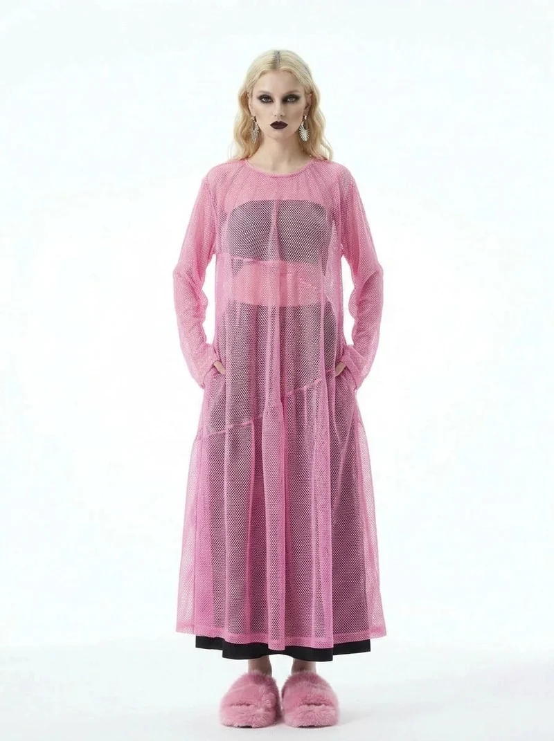Sheer Mesh Overlay Dress – Pink Statement Layer
