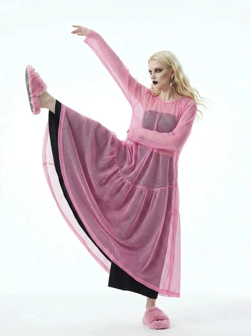 Sheer Mesh Overlay Dress – Pink Statement Layer