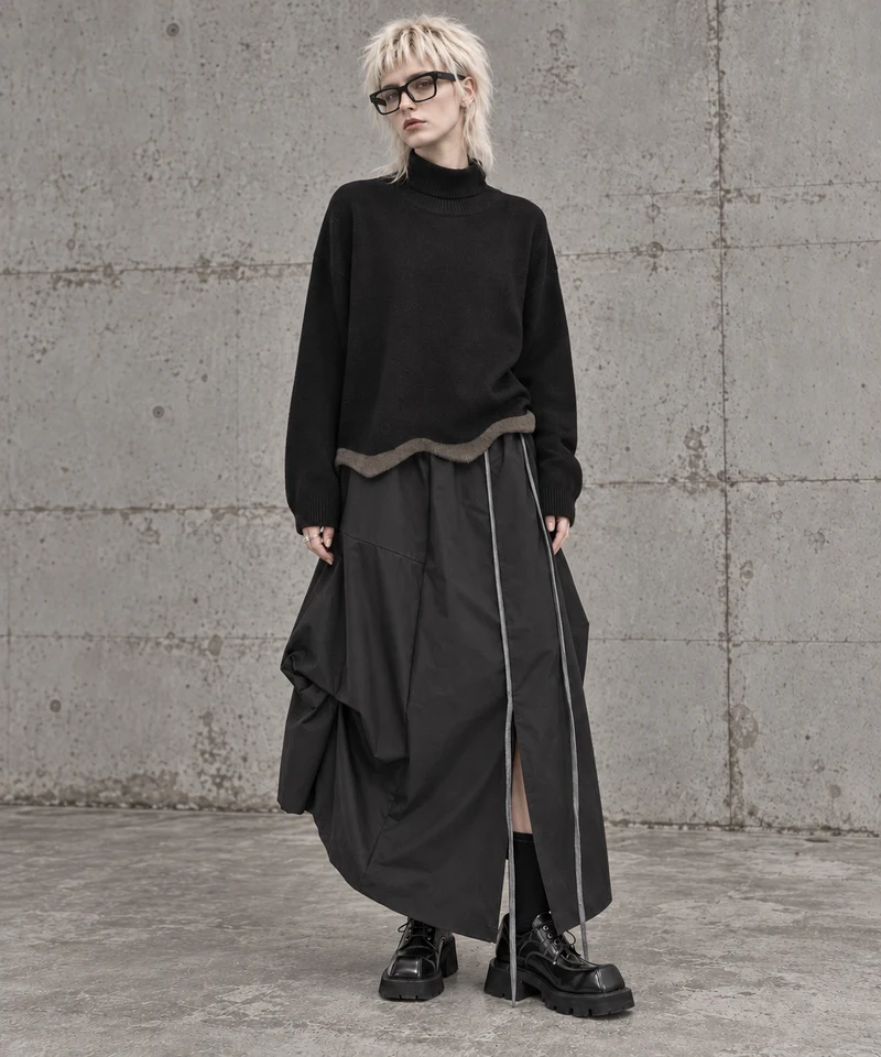 Black Asymmetric Draped Maxi Skirt