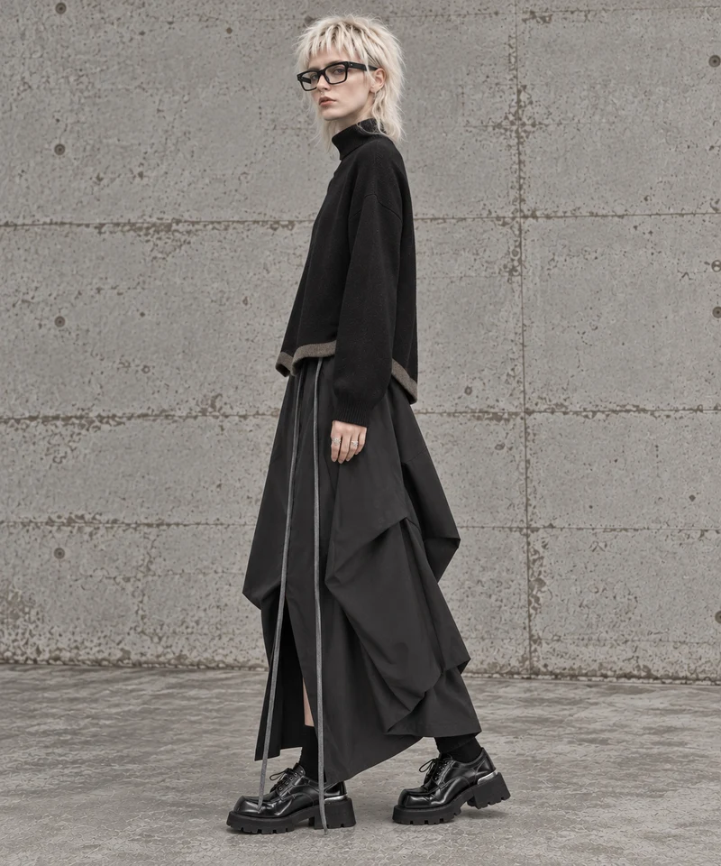 Black Asymmetric Draped Maxi Skirt