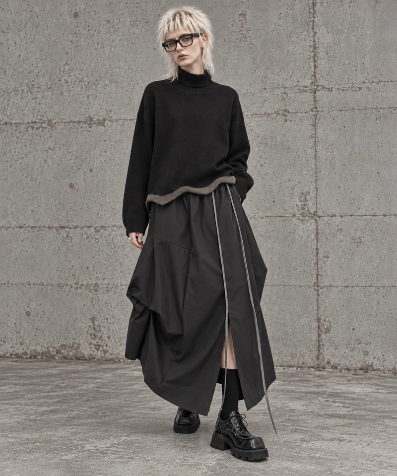 Black Asymmetric Draped Maxi Skirt