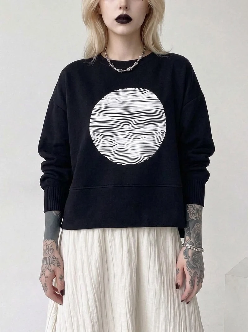 Black Graphic Zip-Back Pullover | Minimal Goth Oversized Sweatshirt