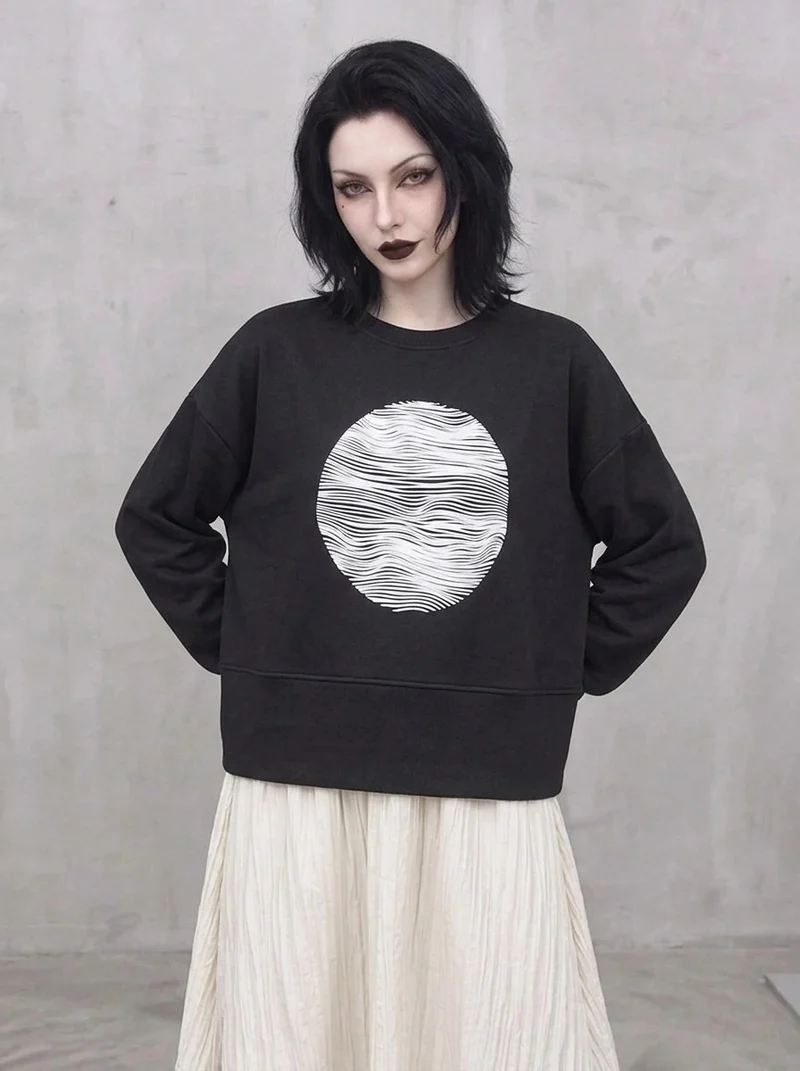 Black Graphic Zip-Back Pullover | Minimal Goth Oversized Sweatshirt