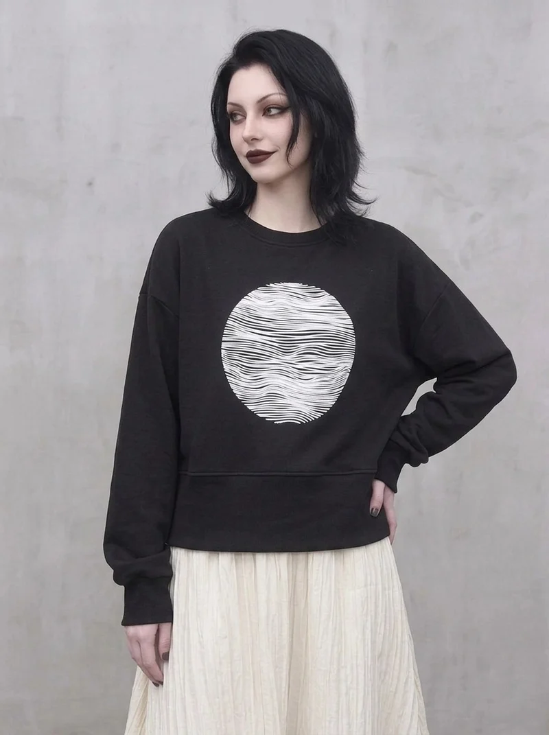 Black Graphic Zip-Back Pullover | Minimal Goth Oversized Sweatshirt