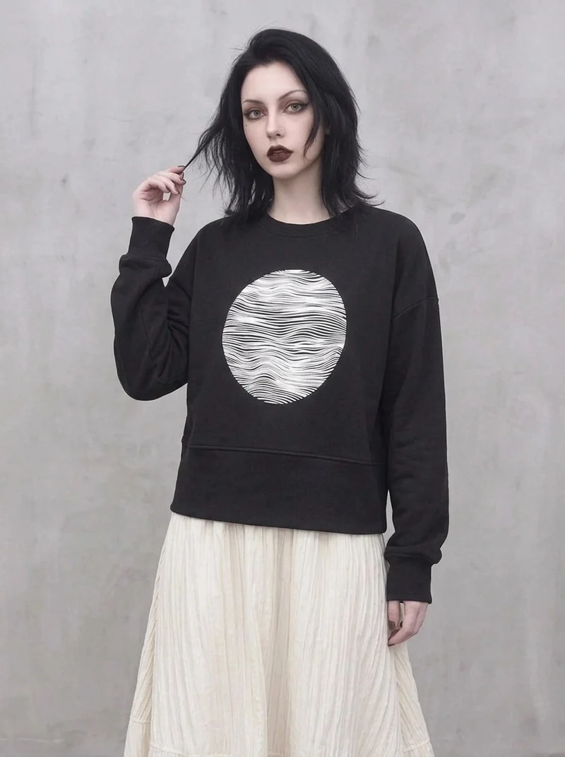 Black Graphic Zip-Back Pullover | Minimal Goth Oversized Sweatshirt