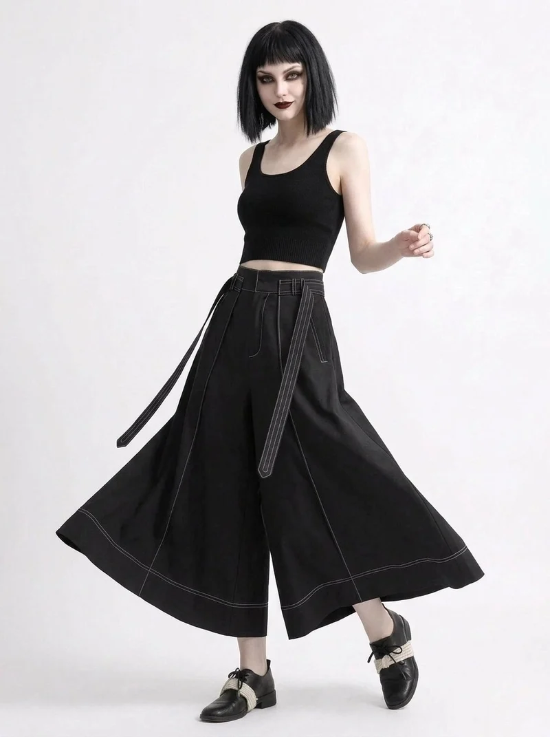 Wide-Leg Capri Culottes with Belt Detail