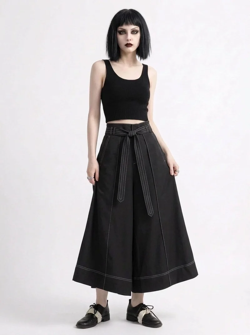 Wide-Leg Capri Culottes with Belt Detail