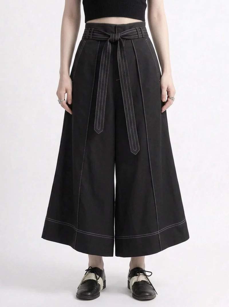 Wide-Leg Capri Culottes with Belt Detail