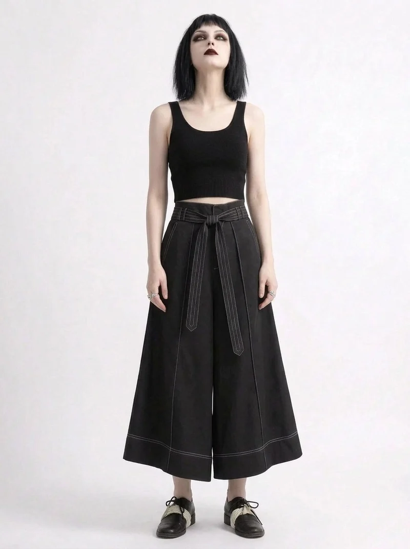 Wide-Leg Capri Culottes with Belt Detail