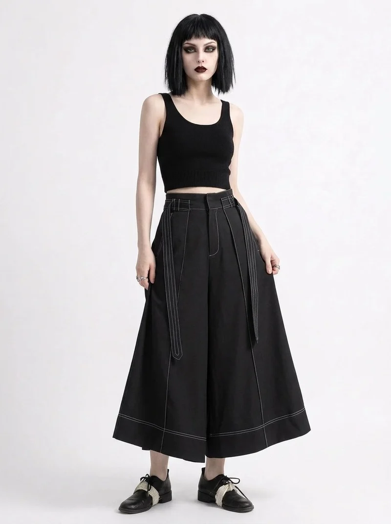 Wide-Leg Capri Culottes with Belt Detail